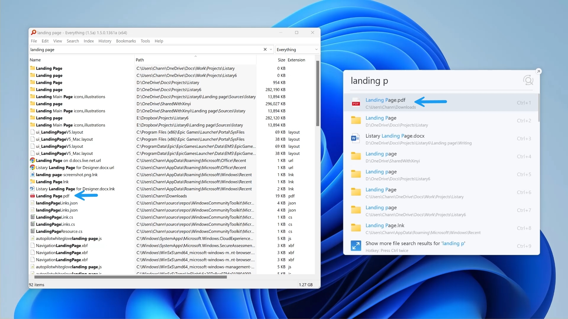 Everything 与 Listary 的“landing page”搜索结果对比