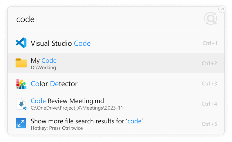 Listary 启动器中“code”的搜索结果