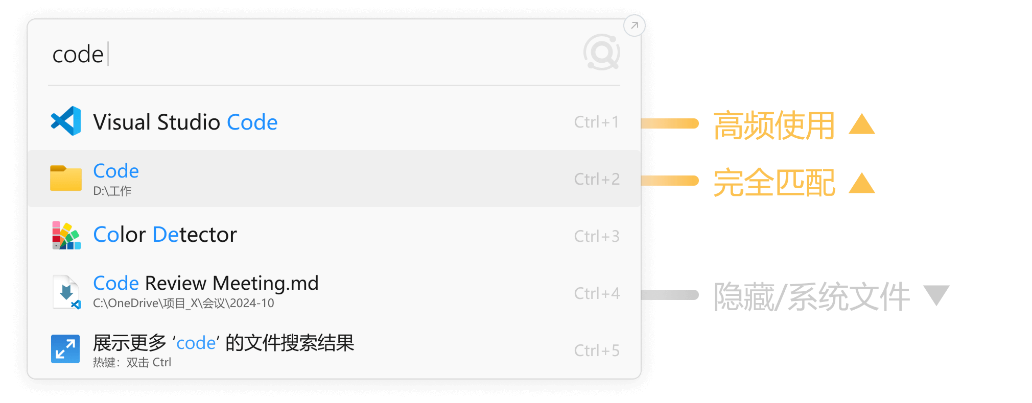 Listary 启动器为“code”搜索优先显示常用和精确匹配结果。