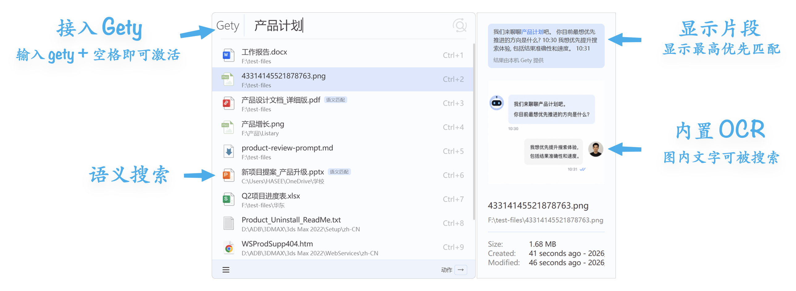 Listary 启动器展示 Gety 集成结果，包含语义搜索、片段预览和 OCR 命中